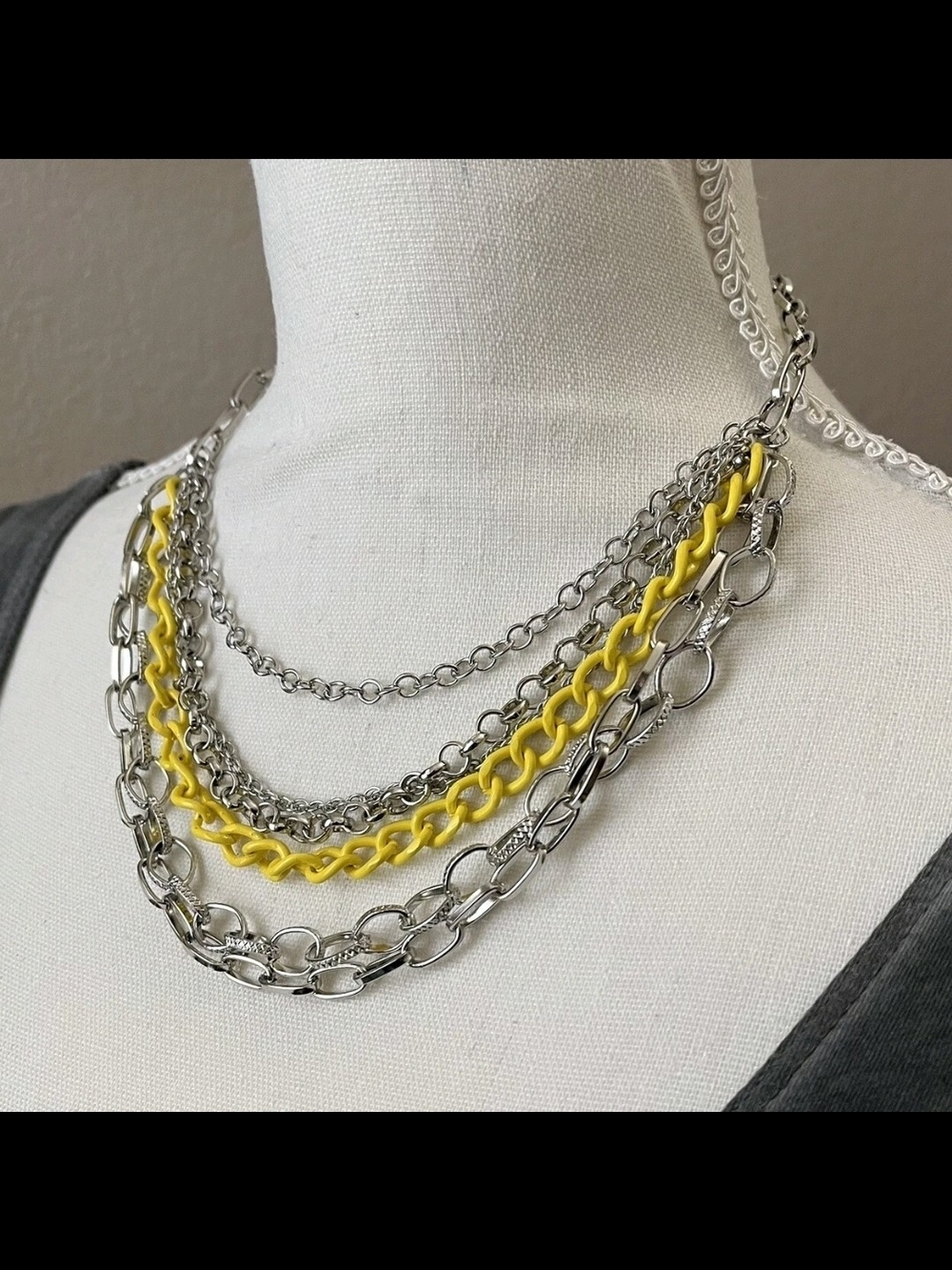 Layered Silver Chain Necklace with Yellow Accent